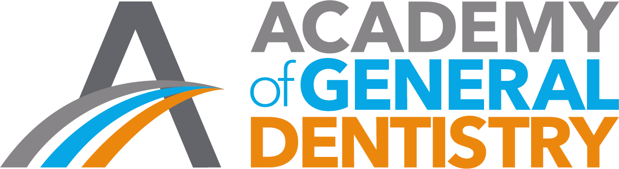 The Academy of General Dentistry logo features a large, gray stylized 'A,' with three curved lines in gray, blue, and orange extending from its left side. To the right, the text reads 'ACADEMY of GENERAL DENTISTRY' in gray, blue, and orange, emphasizing a modern and professional design.