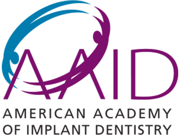 The logo of the American Academy of Implant Dentistry (AAID) features two abstract human figures, one blue and one purple, forming a circular shape around the acronym 